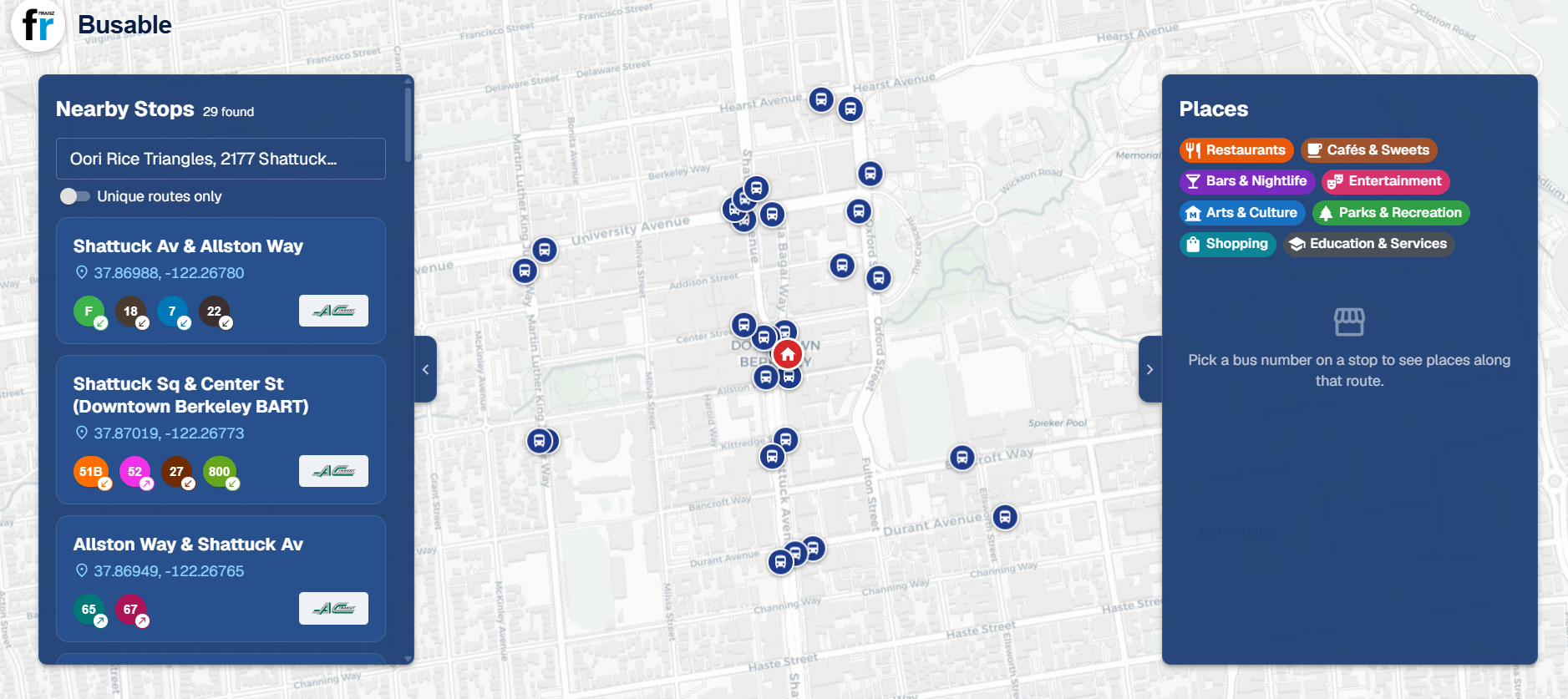 Busable showing nearby stops around downtown Berkeley