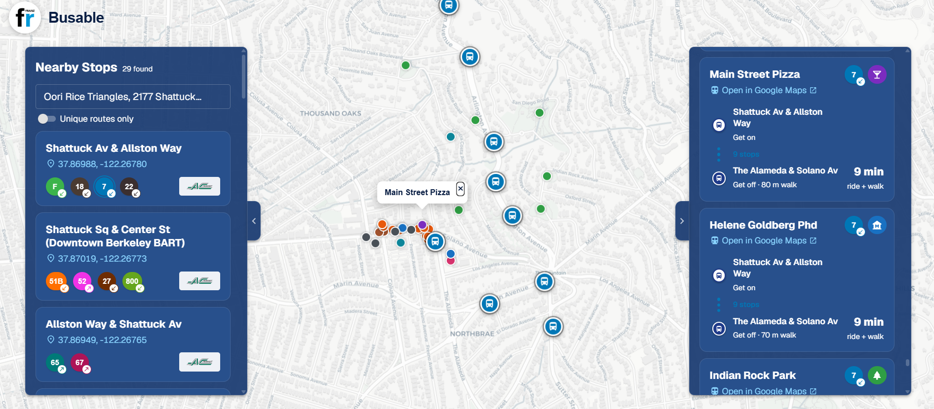 Busable showing places along the 7 bus route